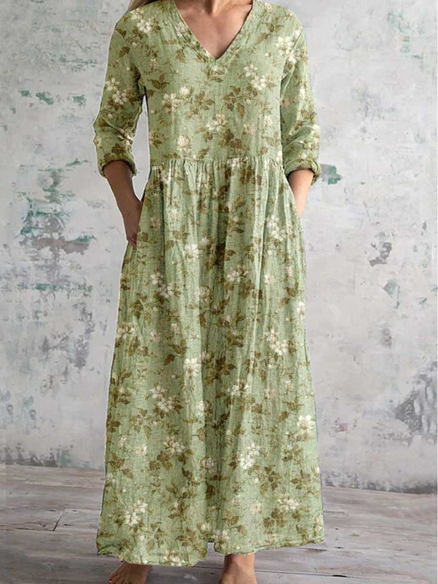 Women's Elegant Simple Floral V-Neck Cotton and Linen Dress with Pocke