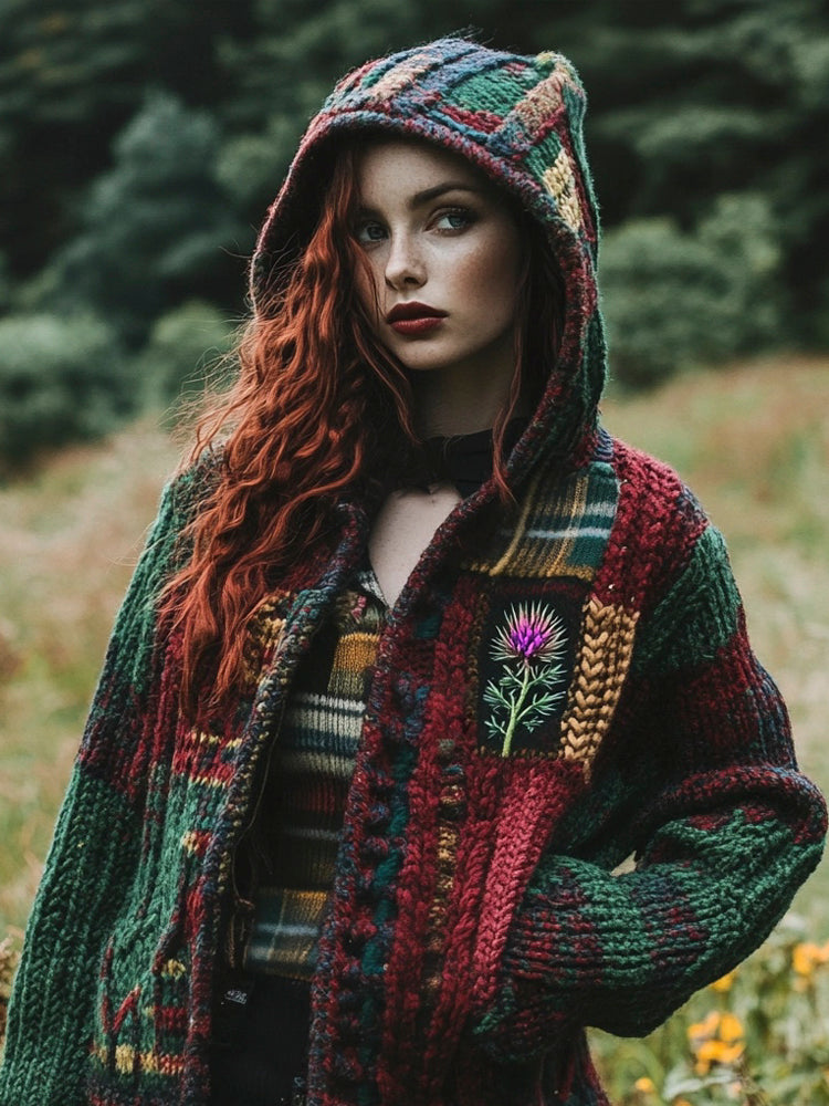 Scottish Vintage Patchwork Pattern Women's Hooded Sweater artswardrobe