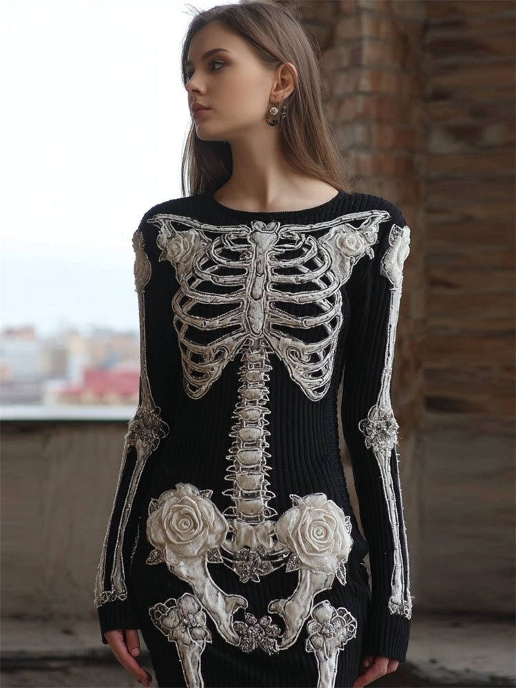 Classy White Roses Skeleton Anatomy Cozy Knit Sweater Mini Dress artswardrobe