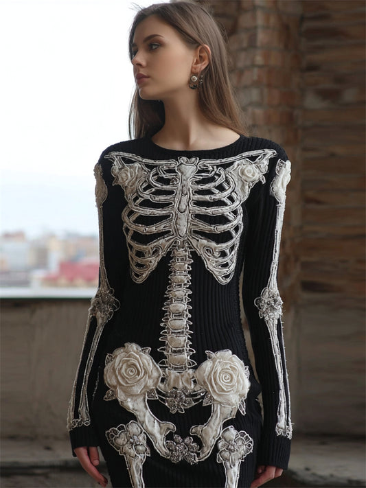Classy White Roses Skeleton Anatomy Cozy Knit Sweater Mini Dress artswardrobe
