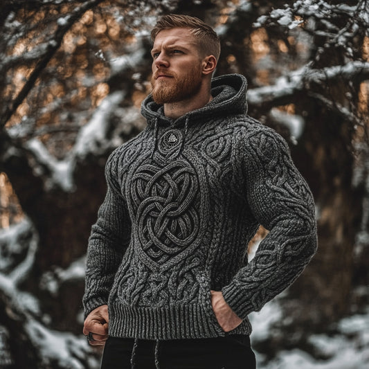 Men's Viking Style Celtic Knot Jacquard Knit Hooded Sweater artswardrobe
