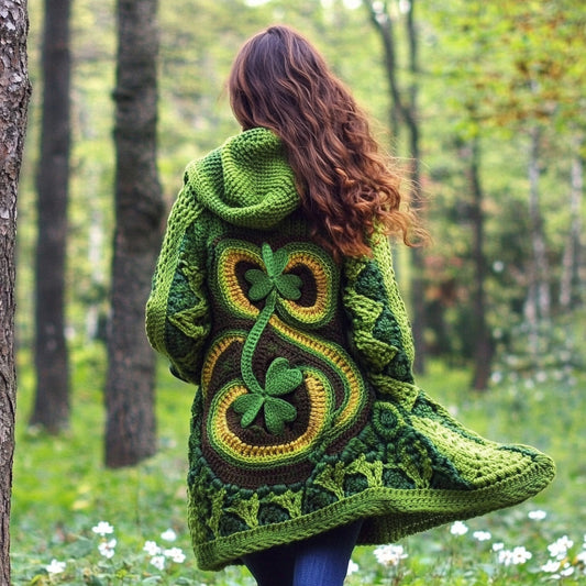 Women's St. Patrick's Clover Design Jacquard Hooded Cardigan Sweater artswardrobe