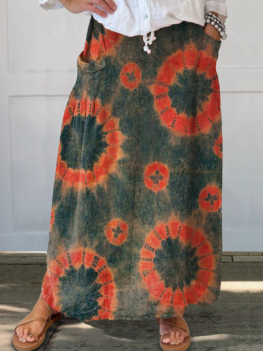 Women's Retro Ethnic Tie-dye Art Print Linen Pocket Skirt