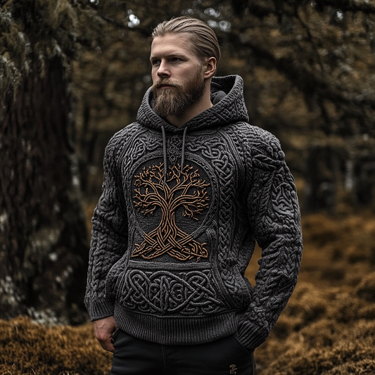 Men's Viking Tree Of Life Jacquard Celtic Knit Hooded Sweater elevenforest