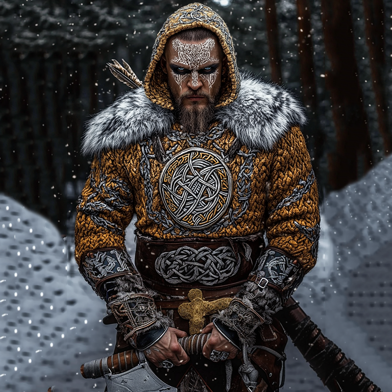 Men's Viking Rune Jacquard Celtic Style Knitted Hooded Sweater artswardrobe