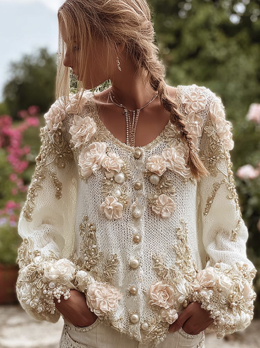 Bohemian Style 3d Pink Flower Knitted Pattern Women's V-neck Long-sleeve Knitted Sweater Jacket elevenforest