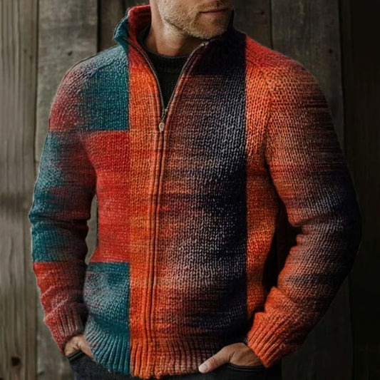 Men's Retro Contrast Design Pattern Zip Sweater elevenforest
