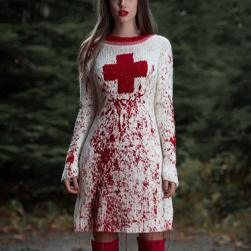 Halloween Spooky Bloody Cross Cozy Knit Sweater Dress artswardrobe