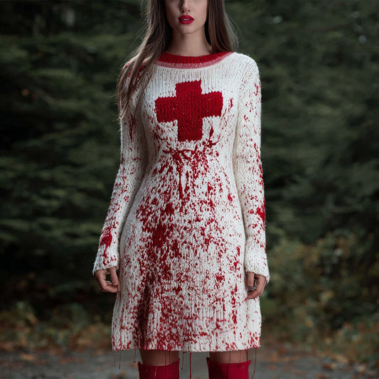 Halloween Spooky Bloody Cross Cozy Knit Sweater Dress artswardrobe