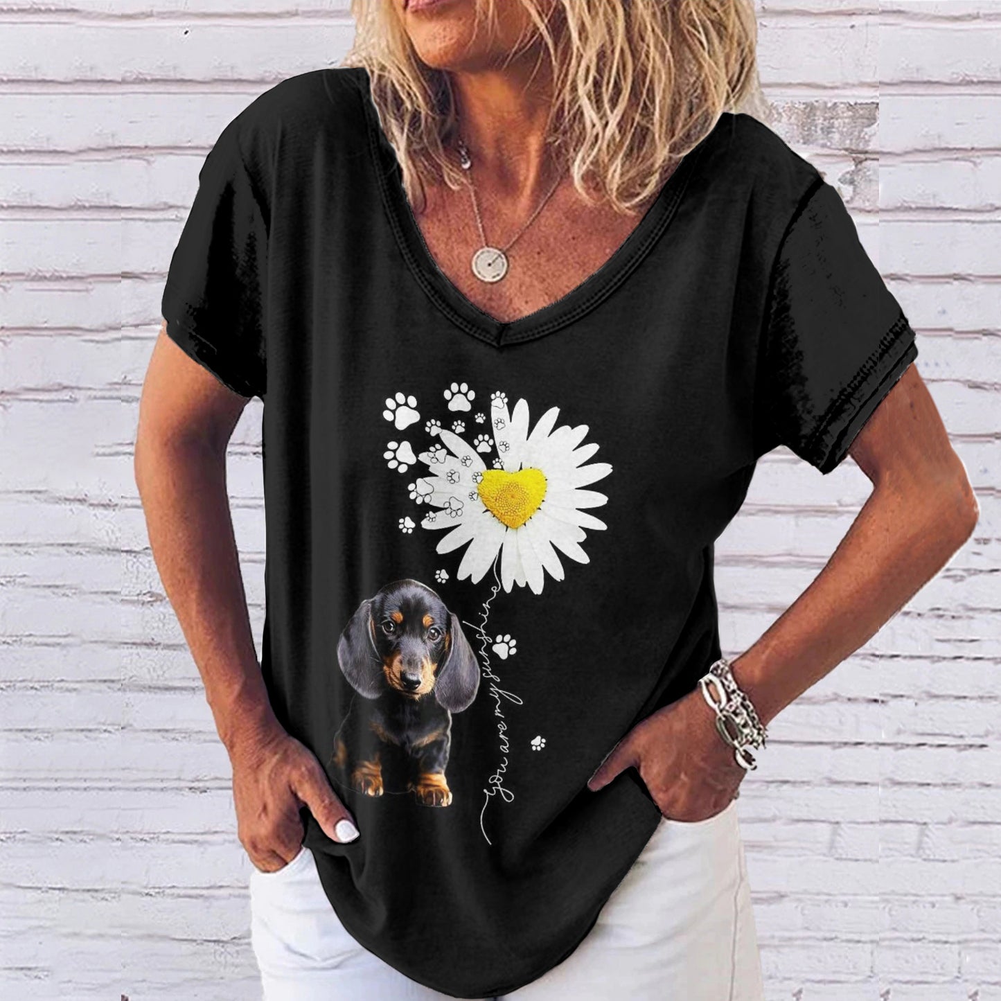 Comstylish Women's Funny Dog Art V-neck T-shirt