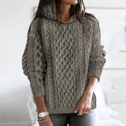 Women's Thick Knit Clan Linen Hooded Aran Sweater artswardrobe