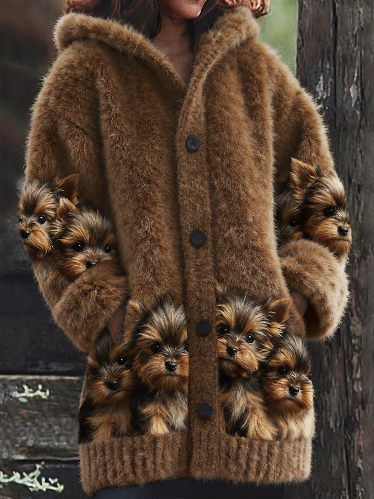 Comstylish Fuzzy Yorkshire Terriers Dogs Cozy Knit Hooded Cardigan