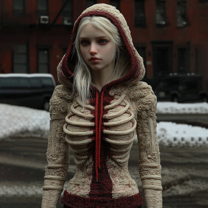 Women's Vintage Halloween Skeleton Color Block Knit Hooded Sweater artswardrobe