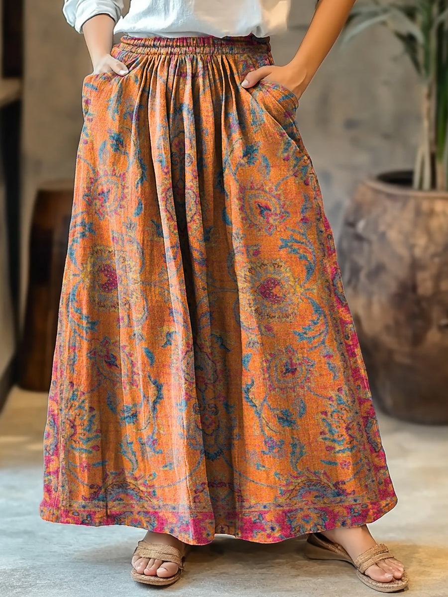 Women's Retro Ethnic Totem Art Pattern Print Cotton Pocket Skirt