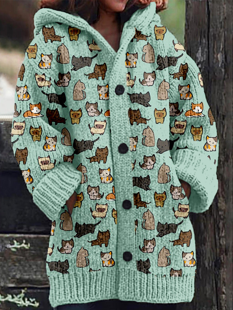 Cute Cats Pattern Cozy Hooded Knit Cardigan elevenforest