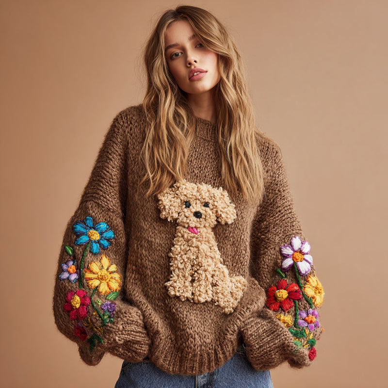 Vintage Fuzzy Dog Colorful Wildflower Embroidery Crochet Cozy Knit Sweater artswardrobe