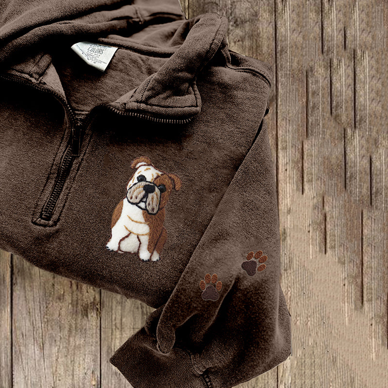 Comstylish Cute English Bulldog Applique Embroidery Art Zipper Sweatshirt