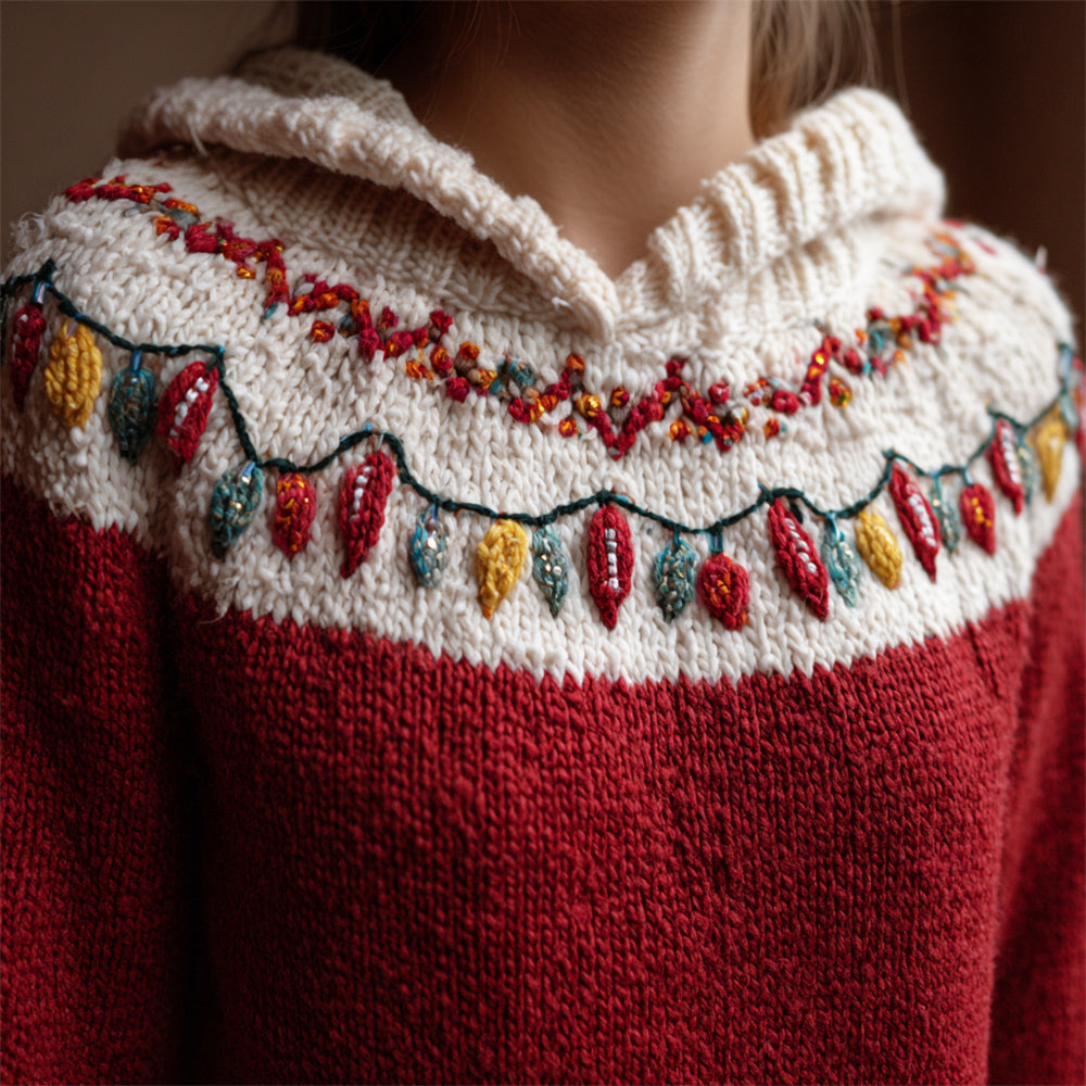 Comstylish Christmas Lights Embroidered Women's Hooded Sweater