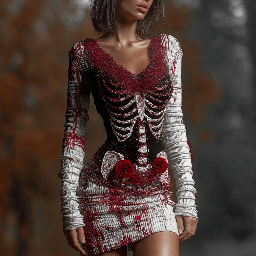 Retro Skeleton Bloody Roses Embroidered V Neck Sweater Dress artswardrobe