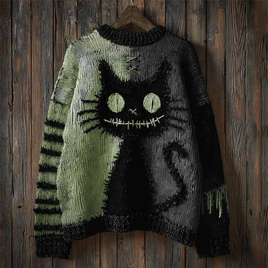 Halloween Black Cat Stitched Contrast Stitched Cozy Knit Sweater artswardrobe