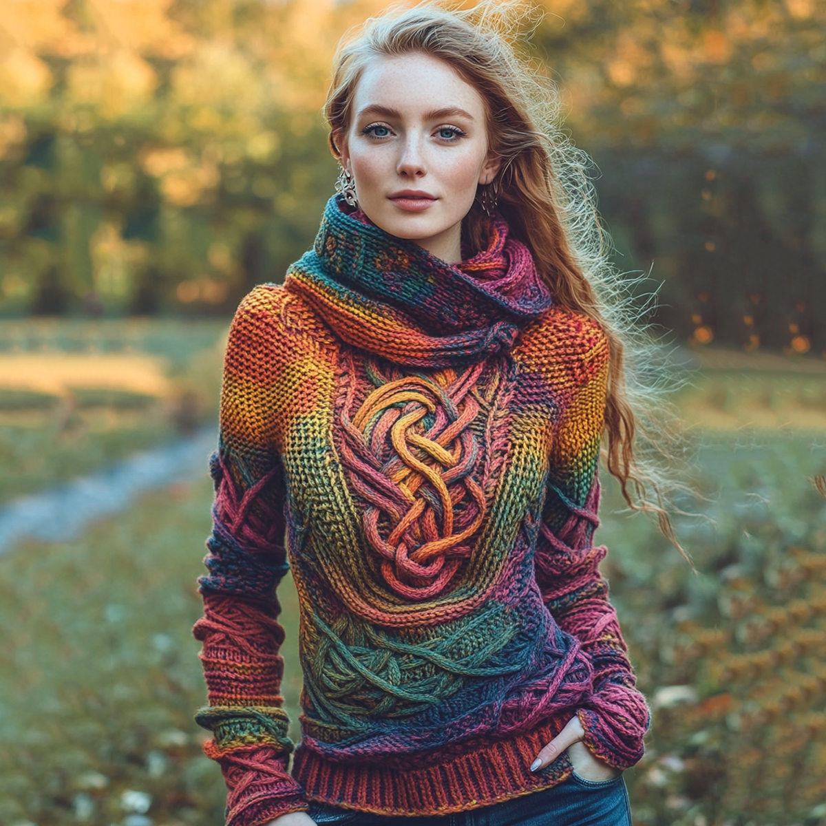 Women's Irish Rainbow Pattern Jacquard Pocket Cozy Hooded Sweater elevenforest