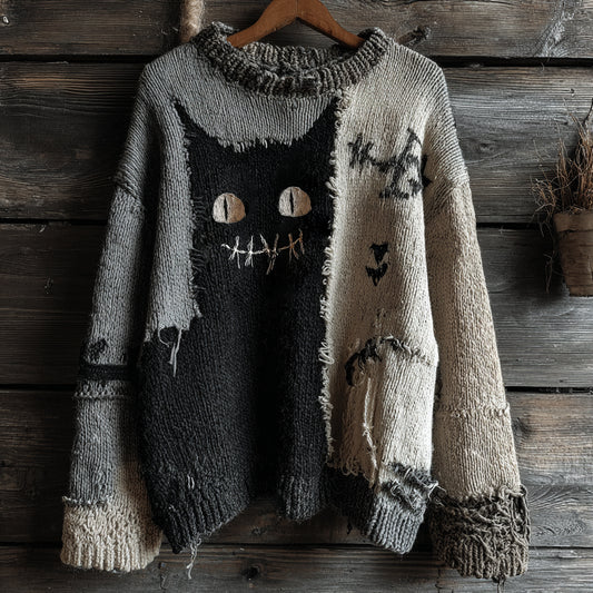 Halloween Black Cat Spooky Face Contrast Stitched Cozy Knit Sweater elevenforest