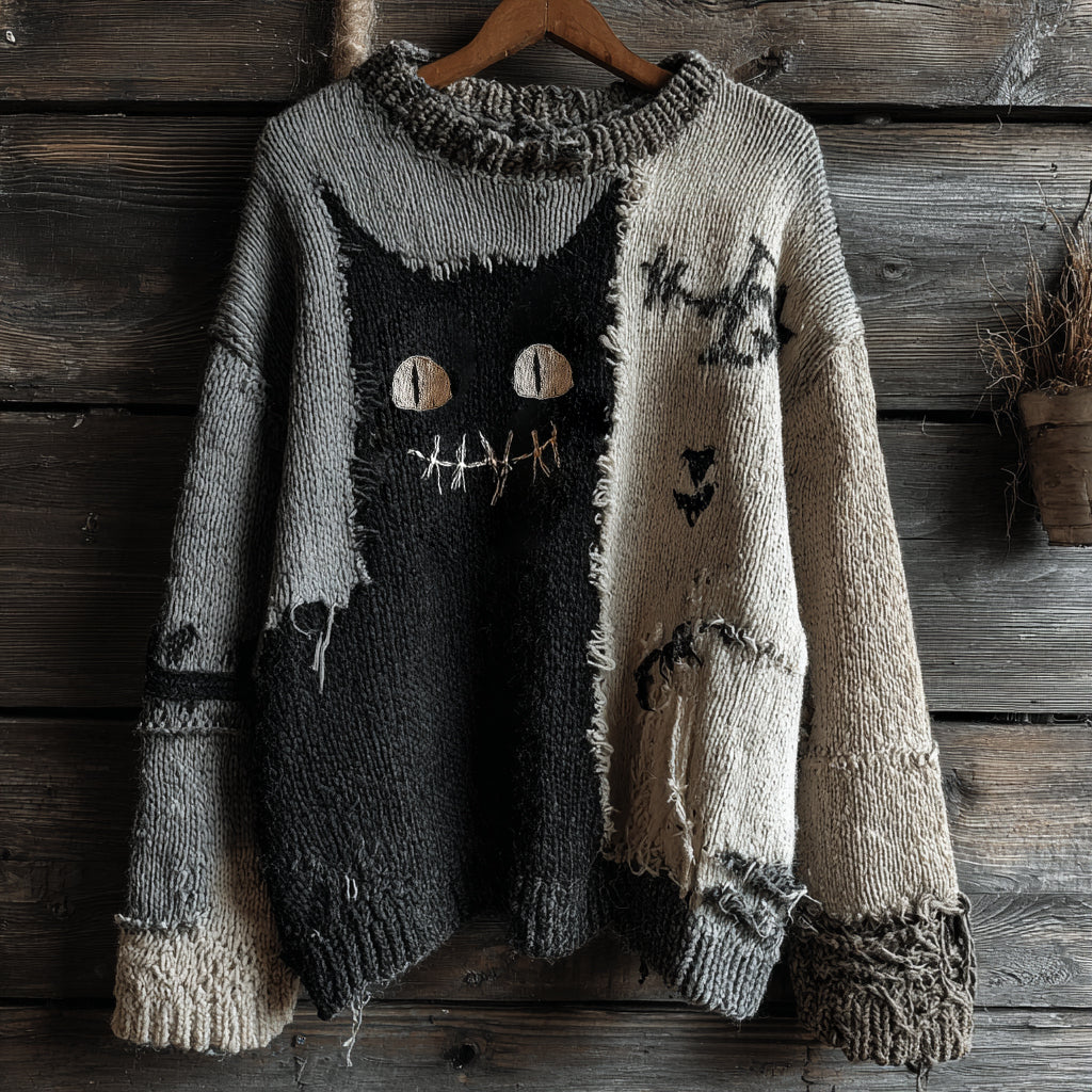 Halloween Black Cat Spooky Face Contrast Stitched Cozy Knit Sweater