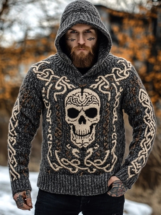 Men's Viking Inspired Skull Celtic Jacquard Cozy Hooded Sweater elevenforest
