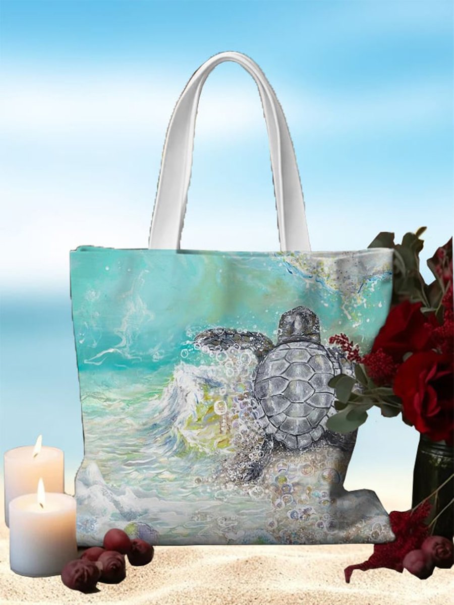 Wave Turtle Art Print Linen Tote Bag