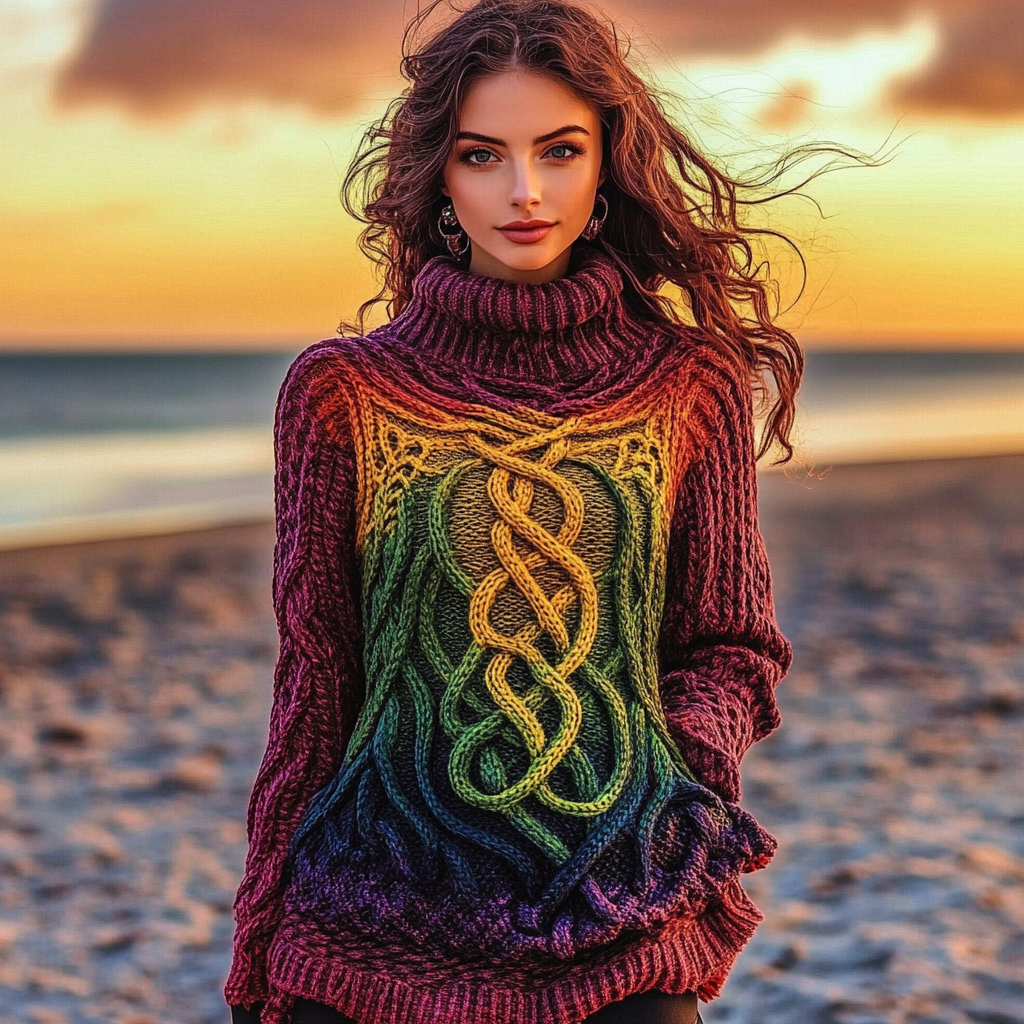 Women's Siri Rainbow Jacquard Cozy Turtleneck Sweater artswardrobe