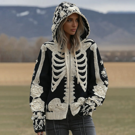 Women's Vintage Skeleton Embroidery Art Zipper Knit Hooded Sweater artswardrobe