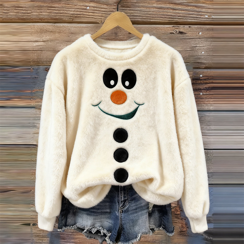 Comstylish Christmas Snowman Face Embroidered Cozy Plush Sweatshirt