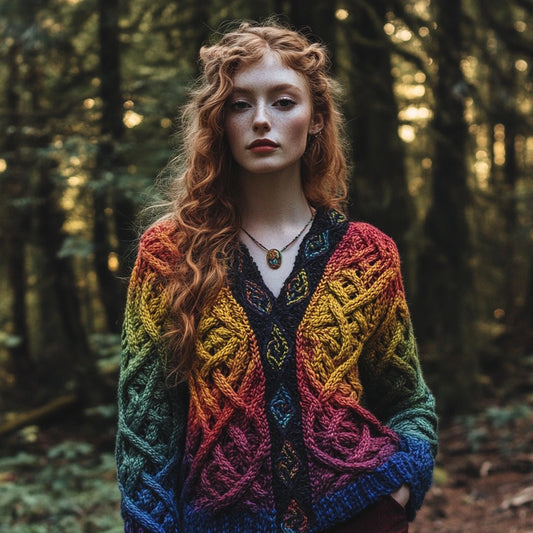 Vintage Rainbow Gradient Celtic Knot Chunky V-neck Aran Sweater elevenforest