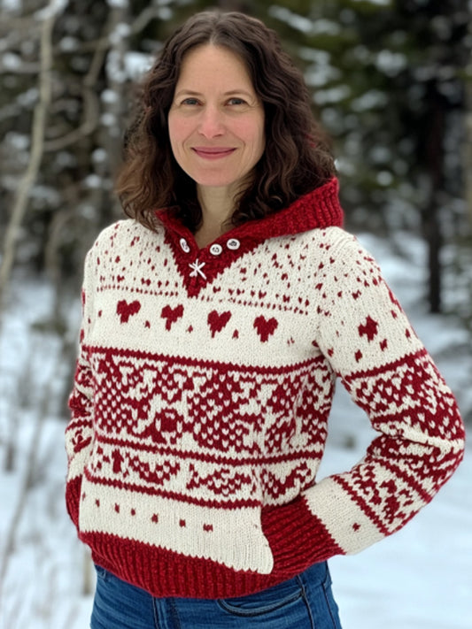 Women's Vintage Viking Valentine's Day Love Jacquard Hooded Sweater artswardrobe