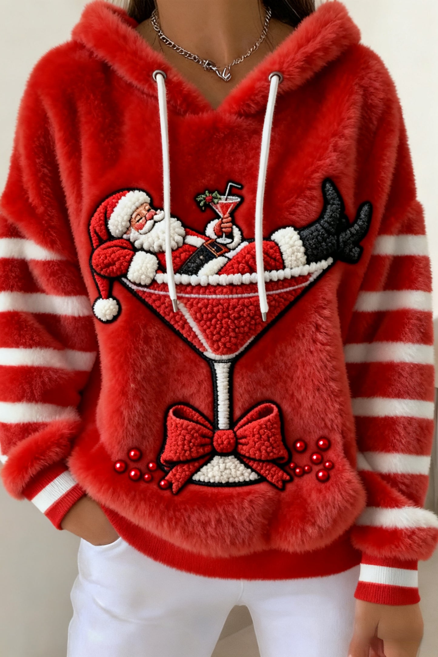 Christmas Stripe Santa Wine Glass Cozy Plush Hooded Sweater