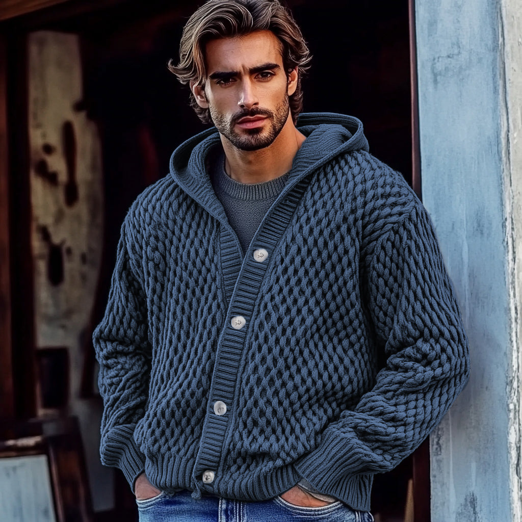 Men'S Waffle Braid Hooded Button Down Sweater elevenforest