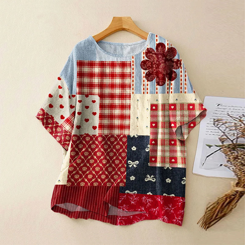 Comstylish Vintage Abstract Geometric Lines Flower Linen Art Print Short Sleeve Round Neck Shirt