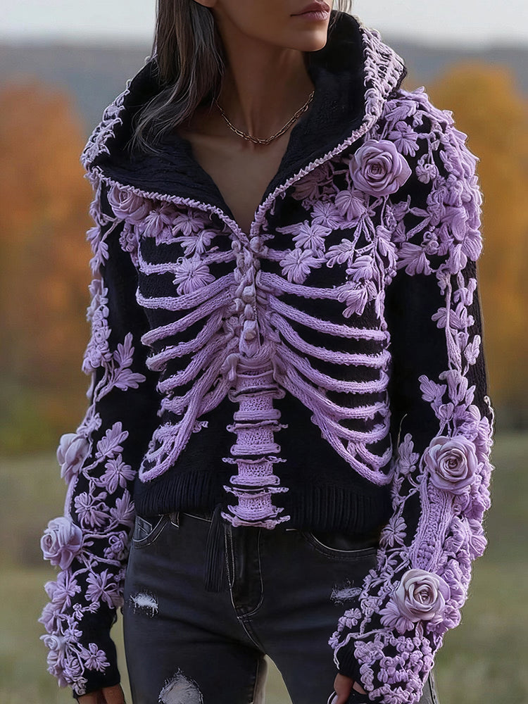 Women's  Halloween Skeleton Bones With Floral Art Knitted Warm Hooded Sweater artswardrobe