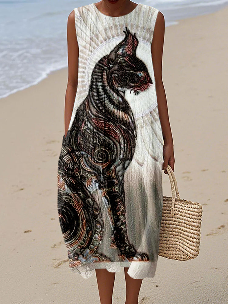 Comstylish Egyptian Cat Goddess Bast Bead Embroidered Linen Midi Dress