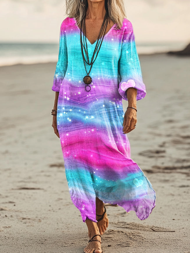 Women's Colorful Tie Dye Art Print Pocket Cotton Dress