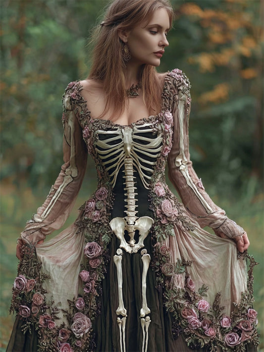 Comstylish Vintage Skeleton Floral Fiber Art Flowy Linen Maxi Dress