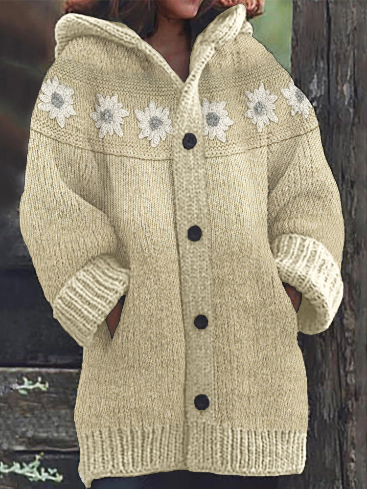 Vintage Flowers Crochet Yoke Cozy Knit Hooded Cardigan artswardrobe