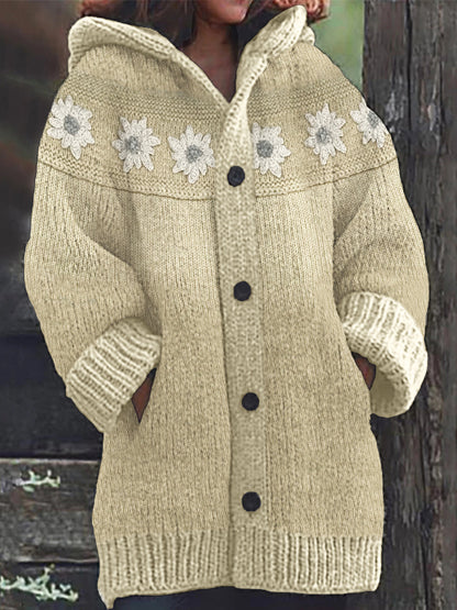 Vintage Flowers Crochet Yoke Cozy Knit Hooded Cardigan artswardrobe