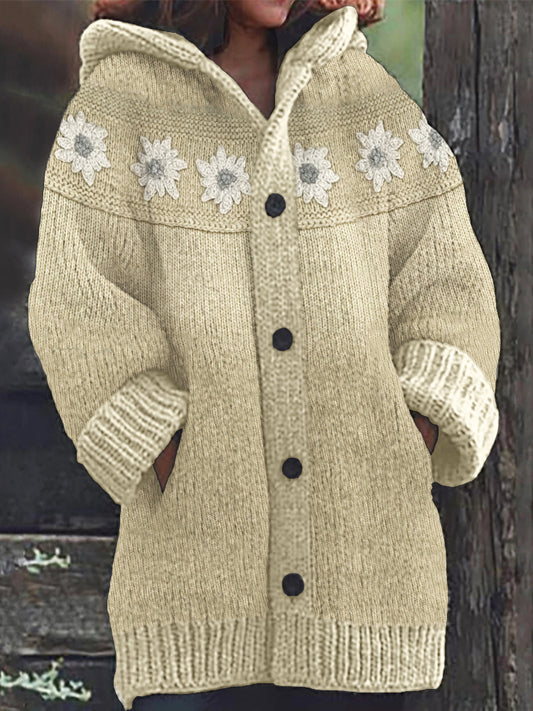 Vintage Flowers Crochet Yoke Cozy Knit Hooded Cardigan artswardrobe