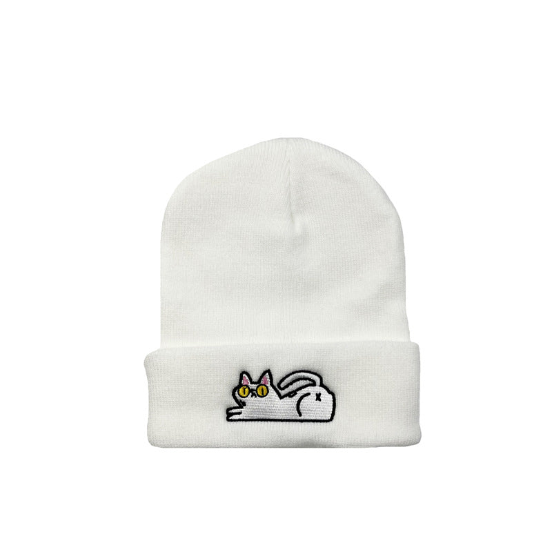 Comstylish Cute Lazy Cat Embroidered Warm Knitted Hat