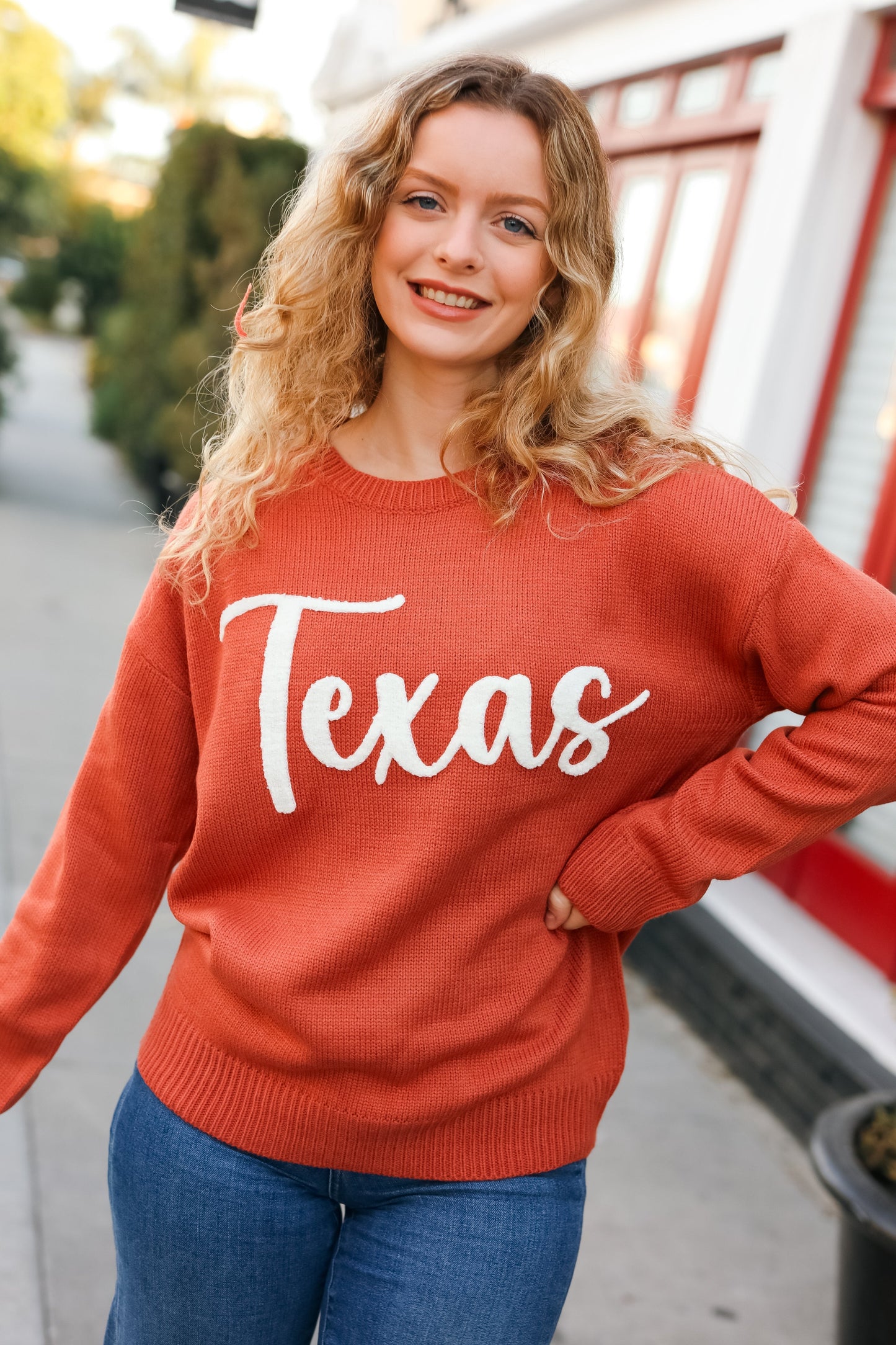 Luisa® | Game Day pop-up sweater with “Texas” embroidery in burnt orange