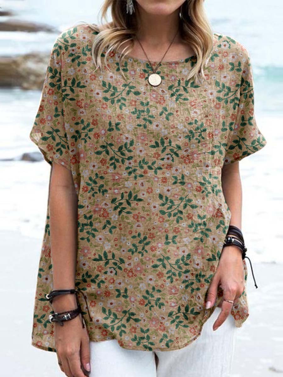 Women's Elegant Retro Floral Pattern Round Neck Cotton and Linen Top