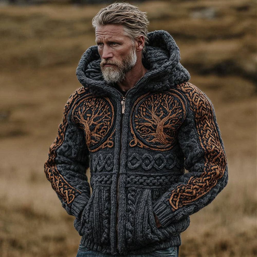 Men's Viking Life Tree Celtic Knot Weave Pattern Zipper Hoodie Sweater elevenforest