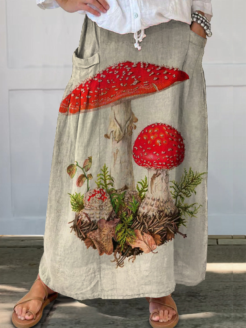 Women's Mushroom Pattern Art Print Linen Pocket Skirt