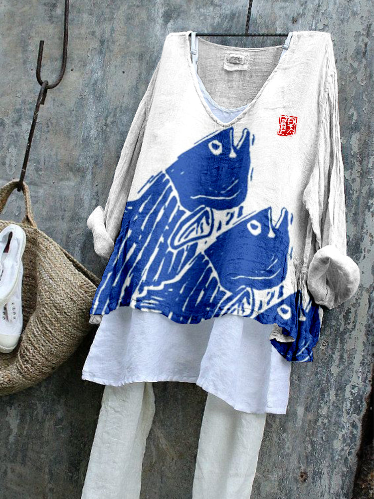 Comstylish Japanese Fish Lino Art Linen Blend Tunic